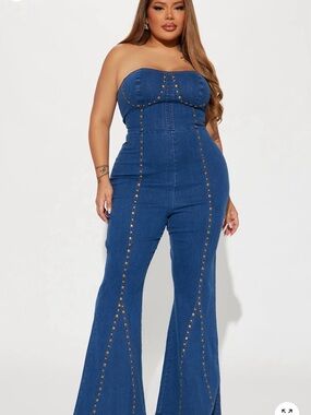 Fashion Nova Strapless Studded Denim Jumpsuit - Blue